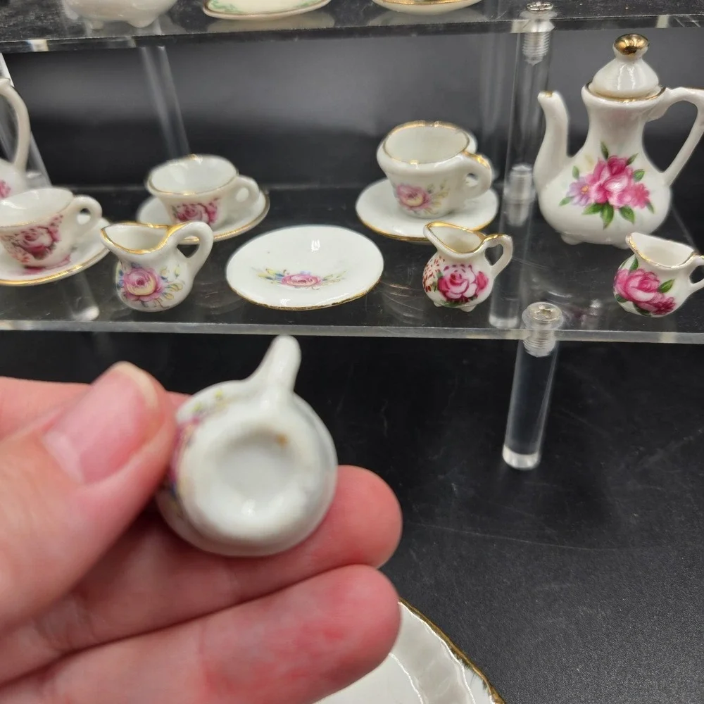 Vtg Miniature Ceramic Tea Set 22pc Pink Floral Rose w Gold Trim EXC Super Tiny